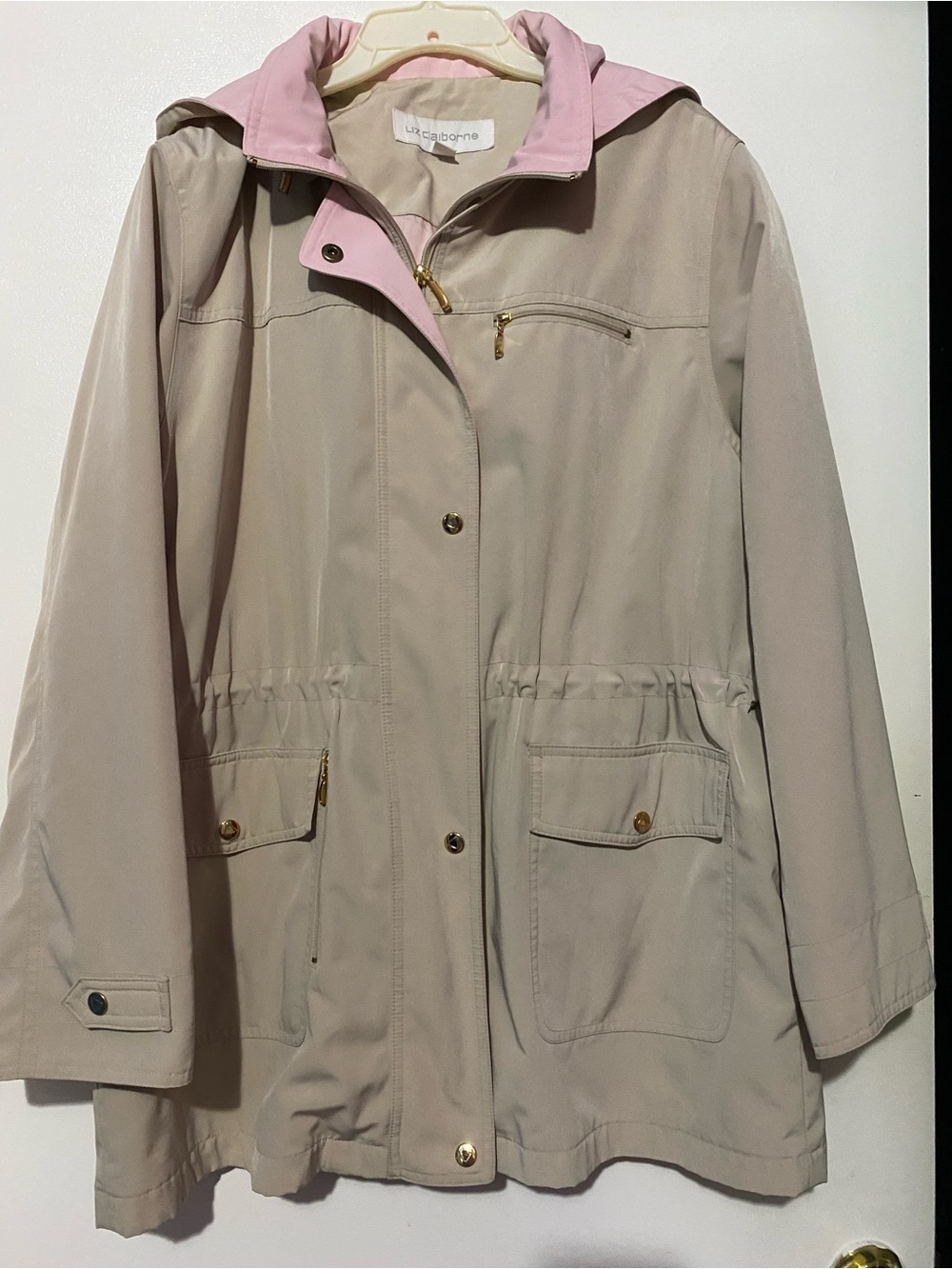 Liz Claiborne Beige Fall/Spring Coat with Hood, Pink Lining